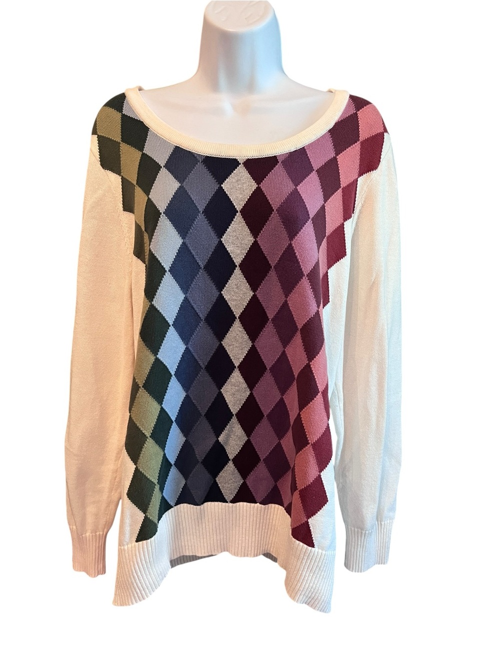 Liz Claiborne Woman 1X Argyle Sweater Cotton Preppy Academia Y2K Cream Multi